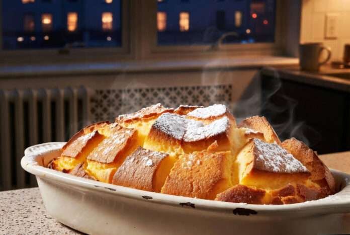 warm-toned image of bread and butter pudding without eggs in a slightly chipped ceramic baking dish.
