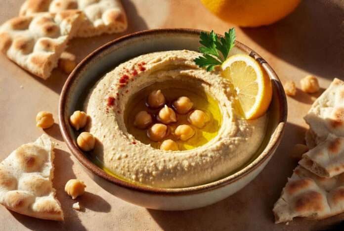 a rustic bowl of creamy hummus drizzled with olive oil and paprika, with warm tones and soft shadows a rustic bowl of creamy hummus drizzled with olive oil and paprika, with warm tones and soft shadows