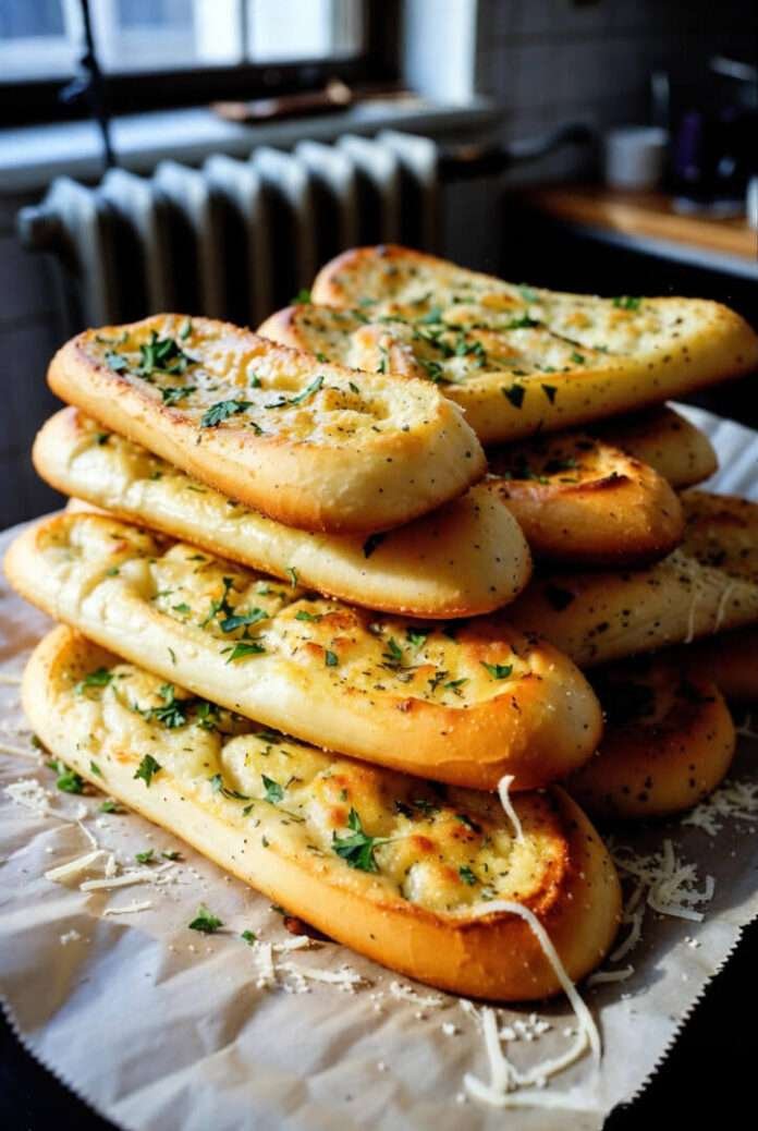 slightly vintage-filtered image of golden garlic breadsticks stacked casually on parchment paper. slightly vintage-filtered image of golden garlic breadsticks stacked casually on parchment paper.