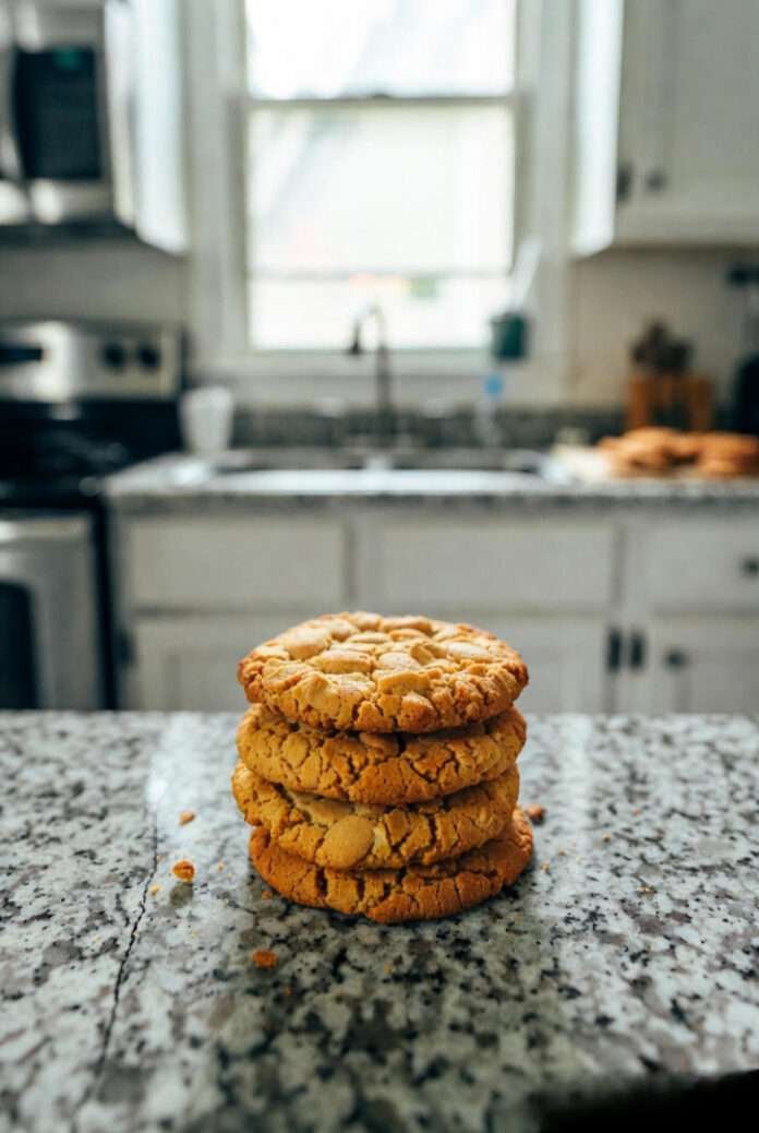A high-res shot of a small stack of almond cookies on a slightly cracked Queens kitchen countertop. A high-res shot of a small stack of almond cookies on a slightly cracked Queens kitchen countertop.