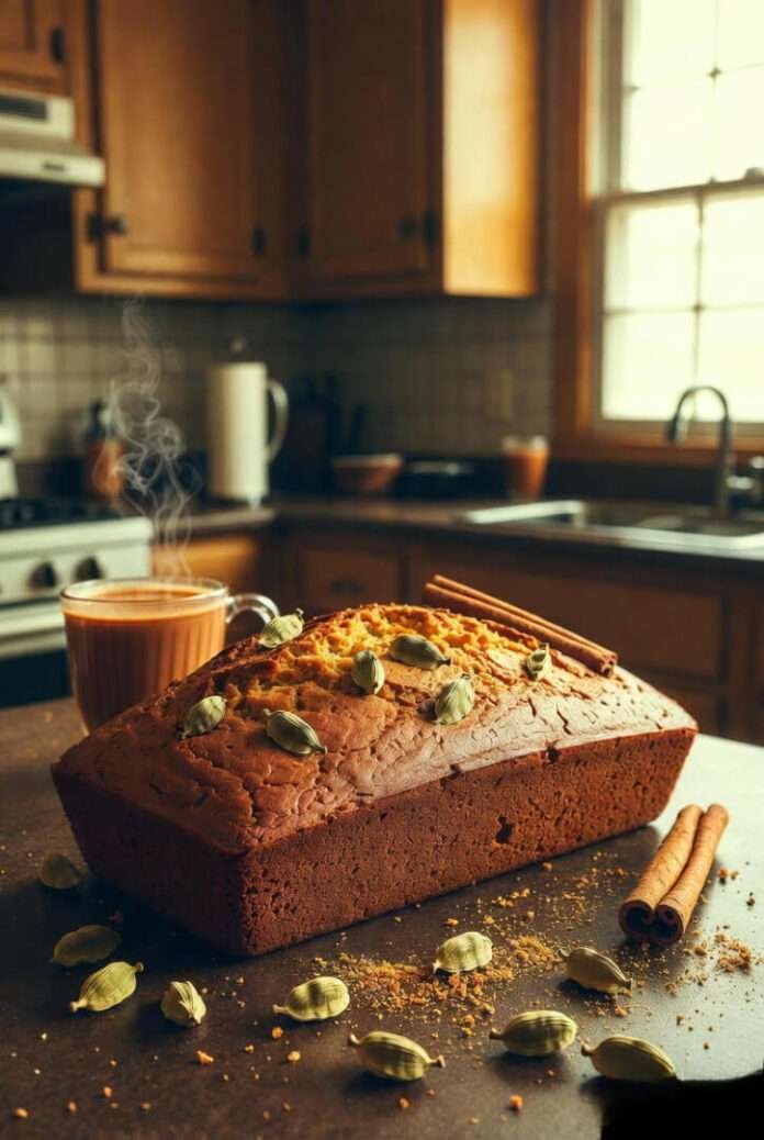 A warm, slightly vintage-filtered digital painting of a loaf of Eggless Masala Chai Cake on a tiny Queens kitchen counter. A warm, slightly vintage-filtered digital painting of a loaf of Eggless Masala Chai Cake on a tiny Queens kitchen counter.