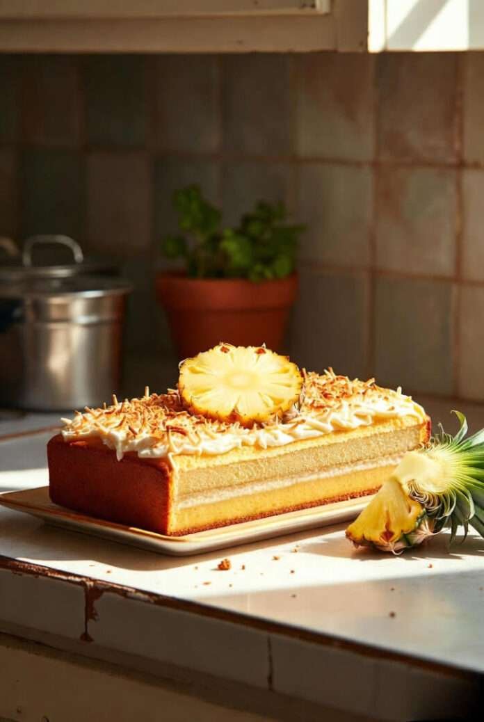 a Pina Colada Icebox Cake on a chipped Queens kitchen counter, soft afternoon light hitting the toasted coconut. a Pina Colada Icebox Cake on a chipped Queens kitchen counter, soft afternoon light hitting the toasted coconut.