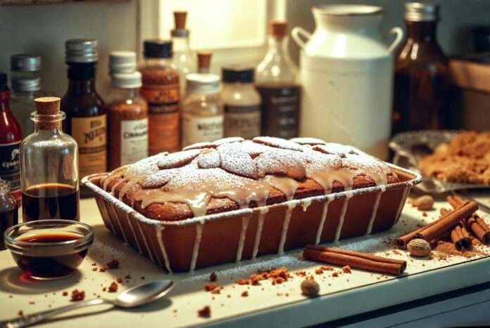 A warm, cozy, slightly vintage-filtered digital painting of a gingerbread tres leches cake in a rectangular baking dish on a cluttered Queens apartment counter. A warm, cozy, slightly vintage-filtered digital painting of a gingerbread tres leches cake in a rectangular baking dish on a cluttered Queens apartment counter.