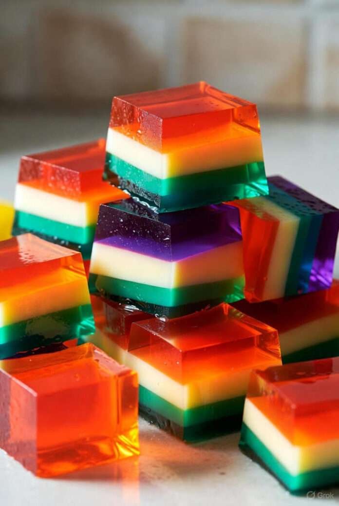 a tray of glossy rainbow jello cubes on a scratched NYC apartment countertop