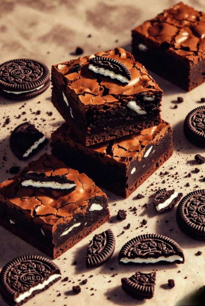 brownies stacked with crushed Oreos scattered around;