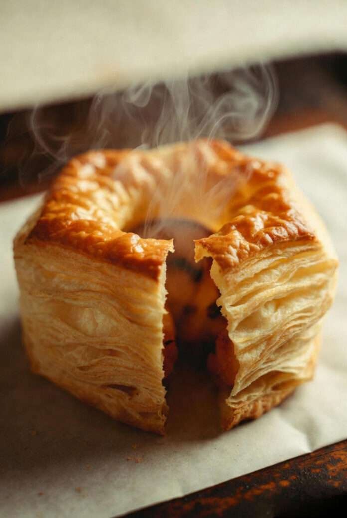 A warm, slightly vintage-filtered shot of a golden-brown paneer puff split open, steam escaping, flaky layers catching the light. A warm, slightly vintage-filtered shot of a golden-brown paneer puff split open, steam escaping, flaky layers catching the light.