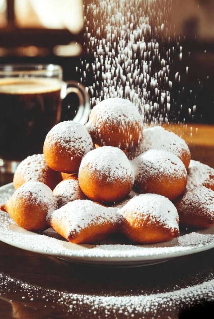 a plate piled high with beignets dusted in a ridiculously heavy snowfall of powdered sugar a plate piled high with beignets dusted in a ridiculously heavy snowfall of powdered sugar