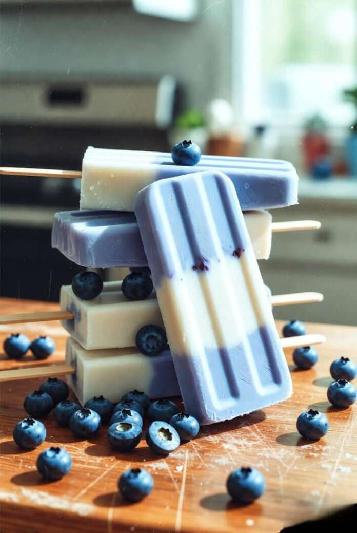 Creamy Layered Blueberry Ice Pops stacked unevenly on a scratched Queens apartment table, with blueberries rolling off to the side like tiny escape artists. Creamy Layered Blueberry Ice Pops stacked unevenly on a scratched Queens apartment table, with blueberries rolling off to the side like tiny escape artists.