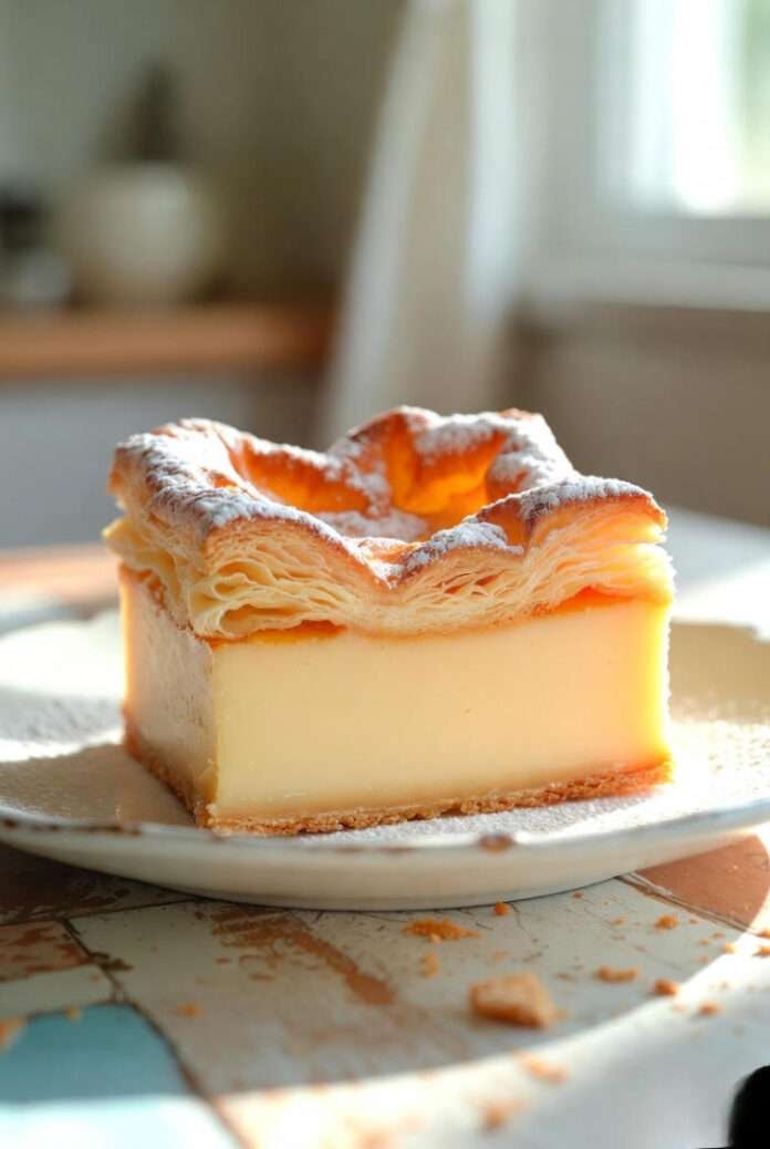 a custard square on a mismatched Queens-style kitchen table. Soft morning light coming through a window. a custard square on a mismatched Queens-style kitchen table. Soft morning light coming through a window.