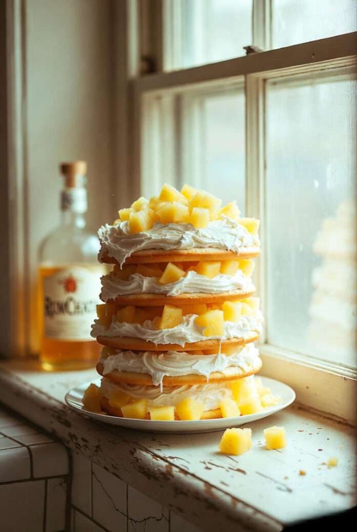 Pineapple RumChata Shortcakes stacked in a crooked tower on a sunlit Queens apartment windowsill. Pineapple RumChata Shortcakes stacked in a crooked tower on a sunlit Queens apartment windowsill.
