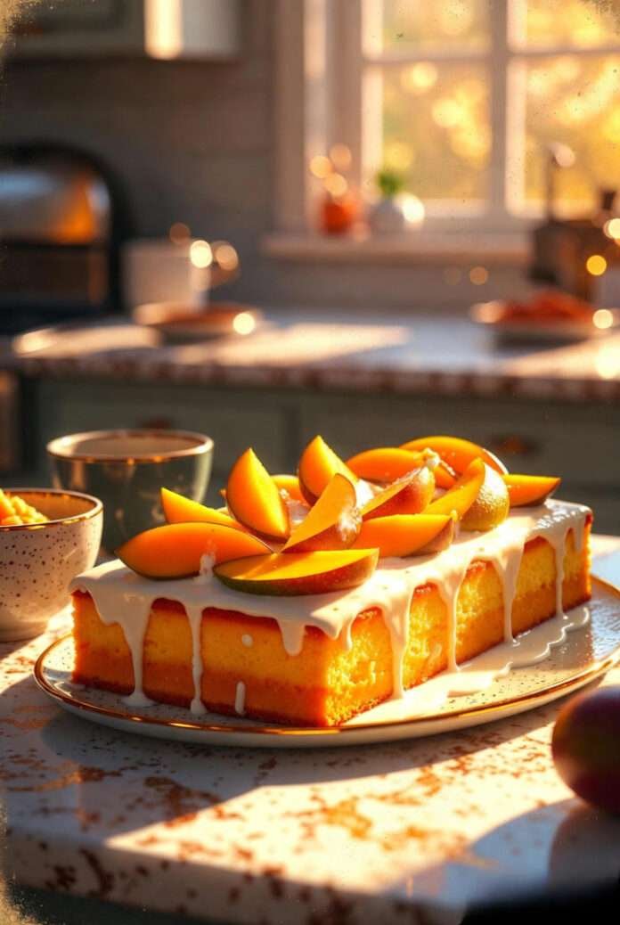 a rectangular Mango Tres Leches Cake topped with slices of fresh mango, dripping slightly with milk. a rectangular Mango Tres Leches Cake topped with slices of fresh mango, dripping slightly with milk.
