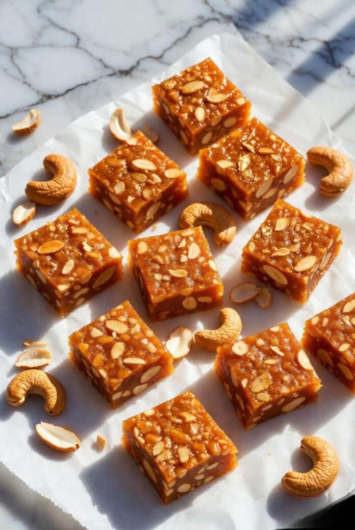 a plate of kaju katli on a cracked marble kitchen counter.