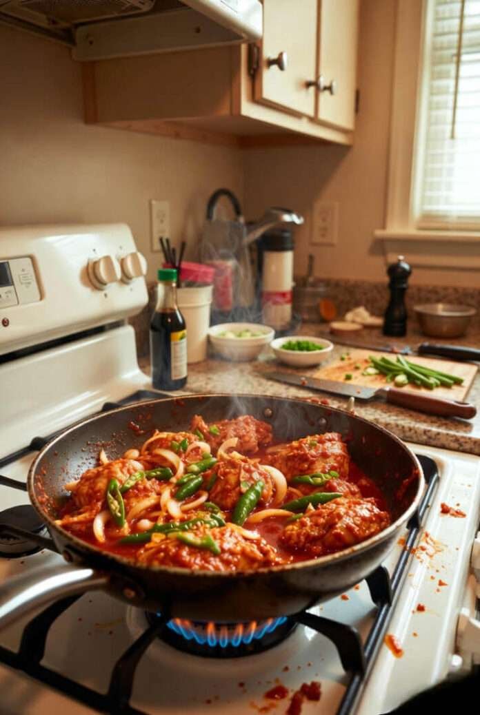 a sizzling pan of chilli chicken dry on a stovetop in a tiny Queens apartment kitchen. a sizzling pan of chilli chicken dry on a stovetop in a tiny Queens apartment kitchen.
