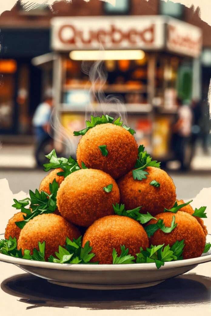 a plate of golden falafel piled high, steam rising, with a Queens street backdrop—think food cart glow a plate of golden falafel piled high, steam rising, with a Queens street backdrop—think food cart glow