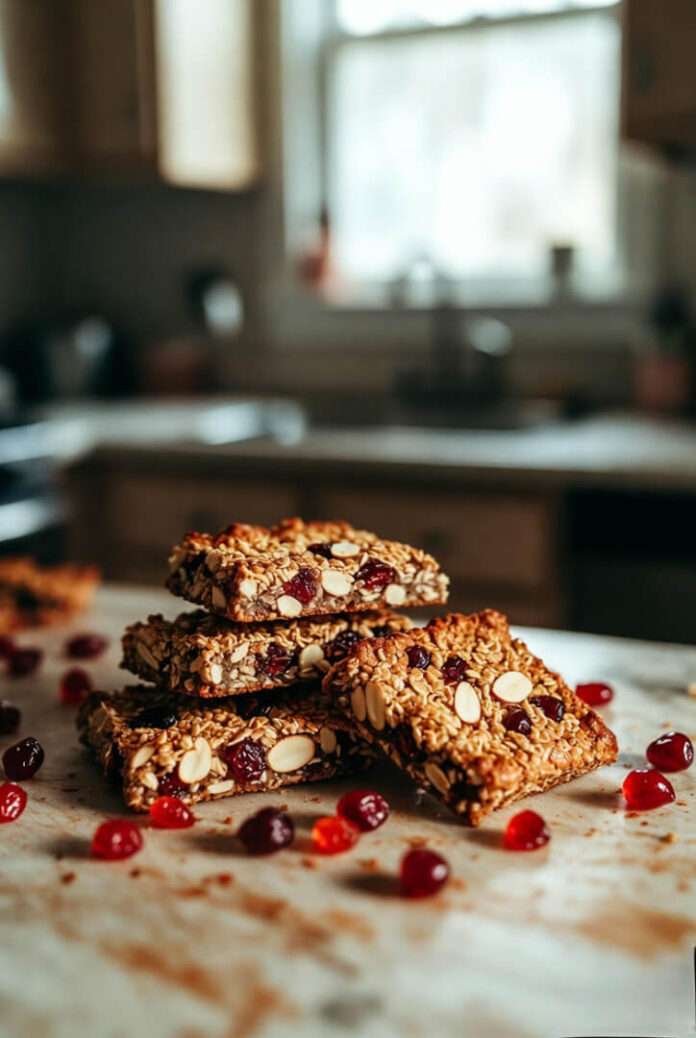 slightly warm-toned image of sliced cherry-almond granola bars stacked on a well-loved Queens apartment countertop. slightly warm-toned image of sliced cherry-almond granola bars stacked on a well-loved Queens apartment countertop.