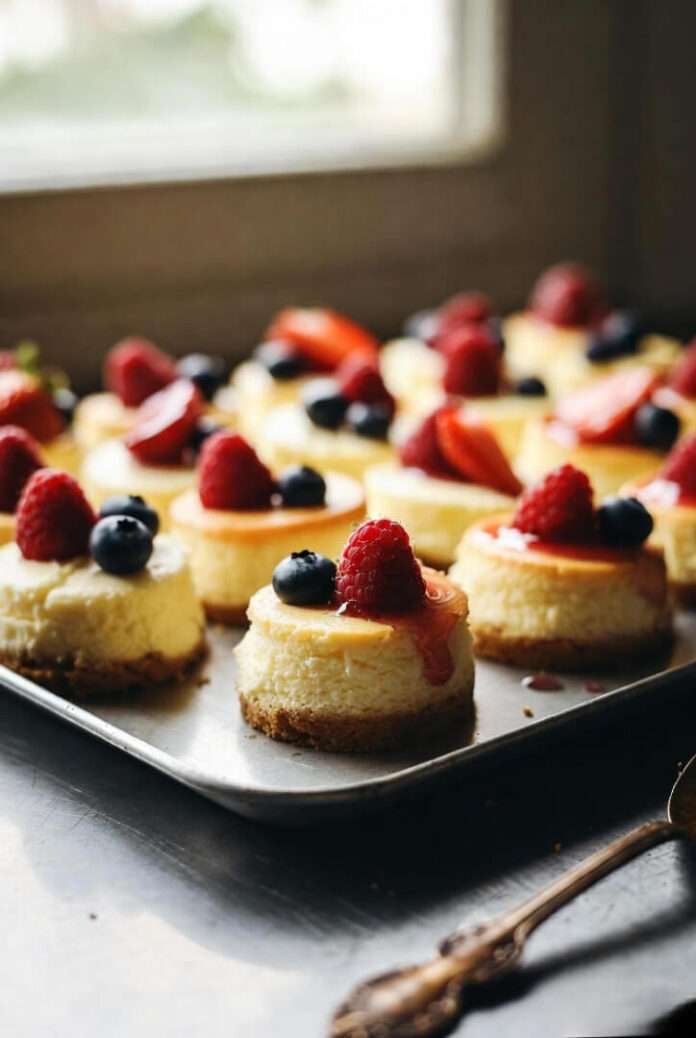 a tray of mini yogurt cheesecake bites on a scratched metal Queens kitchen countertop. a tray of mini yogurt cheesecake bites on a scratched metal Queens kitchen countertop.