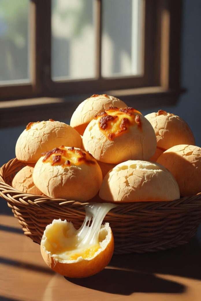 a basket of pão de queijo on a warm wooden table. a basket of pão de queijo on a warm wooden table.