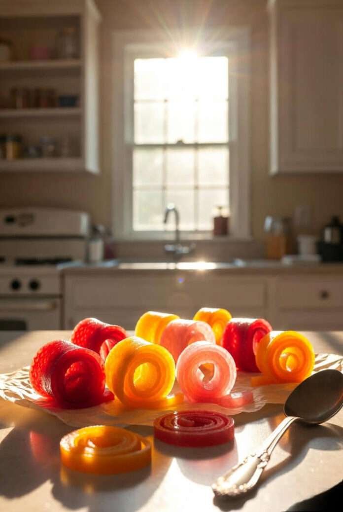 A sheet of colorful fruit rolls—raspberry red, mango orange, strawberry pink—loosely curled on parchment paper. A sheet of colorful fruit rolls—raspberry red, mango orange, strawberry pink—loosely curled on parchment paper.