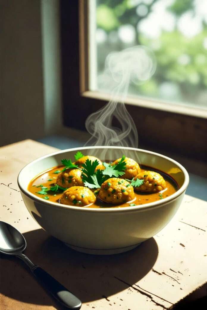 a steaming bowl of Dudhi Kofta Curry placed on a worn wooden table near a window. a steaming bowl of Dudhi Kofta Curry placed on a worn wooden table near a window.