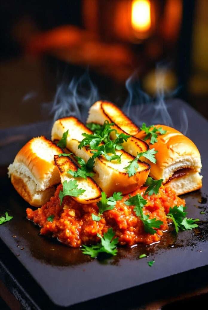 masala pav on a street-style tawa, bright reds and oranges of the masala glowing under warm streetlight-like lighting masala pav on a street-style tawa, bright reds and oranges of the masala glowing under warm streetlight-like lighting