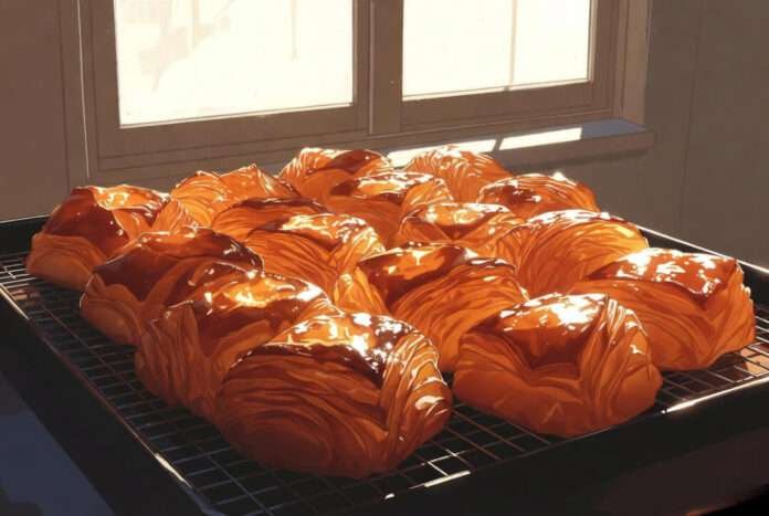 Close-up of a tray of golden Dan Tats on a wire rack near a window with late-afternoon sunlight. Close-up of a tray of golden Dan Tats on a wire rack near a window with late-afternoon sunlight.