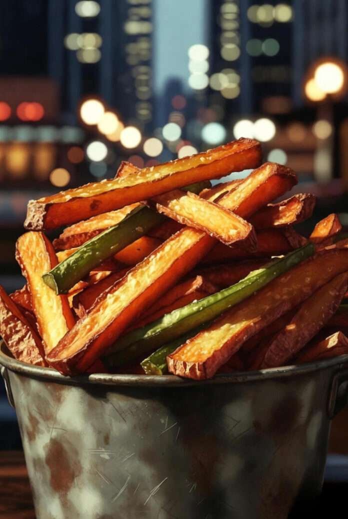 crispy golden veg strips piled in a rustic metal basket with NYC night lights in the background. crispy golden veg strips piled in a rustic metal basket with NYC night lights in the background.