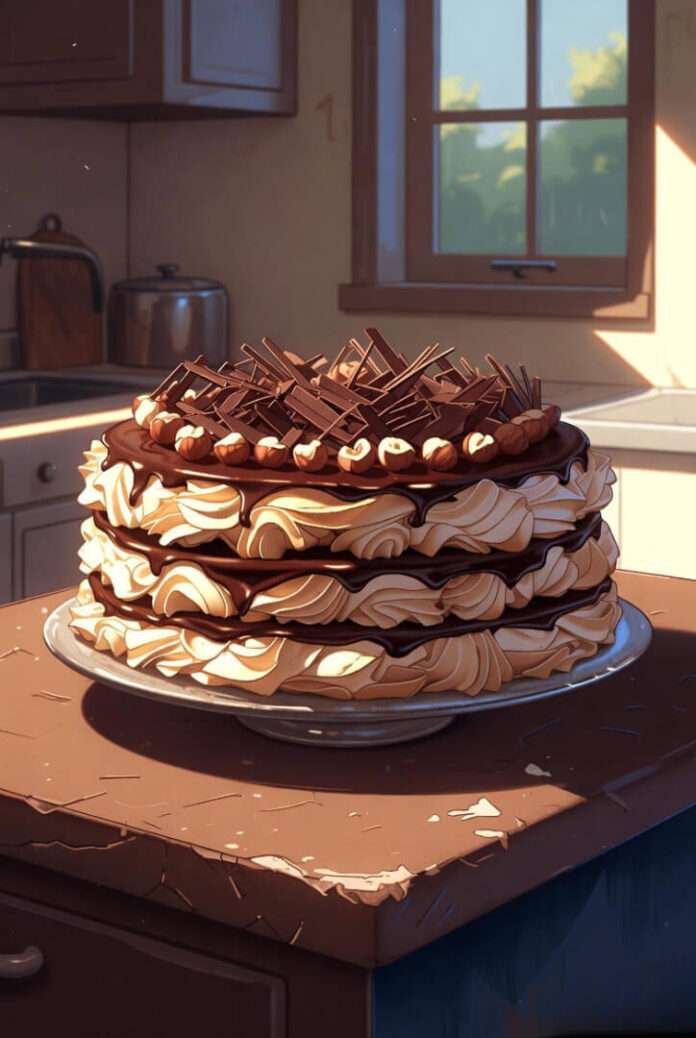 a fancy layered Eszterhazy Torta on a chipped Queens kitchen counter, warm afternoon lighting from a small window, a fancy layered Eszterhazy Torta on a chipped Queens kitchen counter, warm afternoon lighting from a small window,