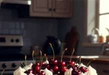 Black Forest Cake and My Mild Kitchen Meltdown moody kitchen image with a half-assembled Black Forest cake, dramatic afternoon lighting, and a cherry bowl threatening to spill