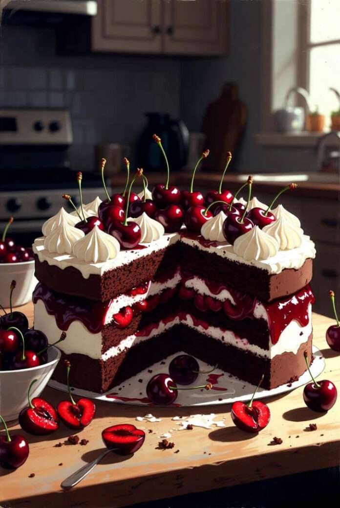 moody kitchen image with a half-assembled Black Forest cake, dramatic afternoon lighting, and a cherry bowl threatening to spill moody kitchen image with a half-assembled Black Forest cake, dramatic afternoon lighting, and a cherry bowl threatening to spill