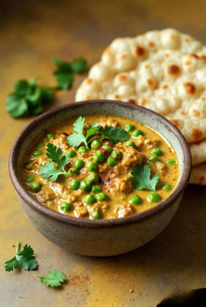 a rustic bowl of matar curry with soft kulchas on the side. Slightly blurred photorealistic style. Warm lighting. a rustic bowl of matar curry with soft kulchas on the side. Slightly blurred photorealistic style. Warm lighting.