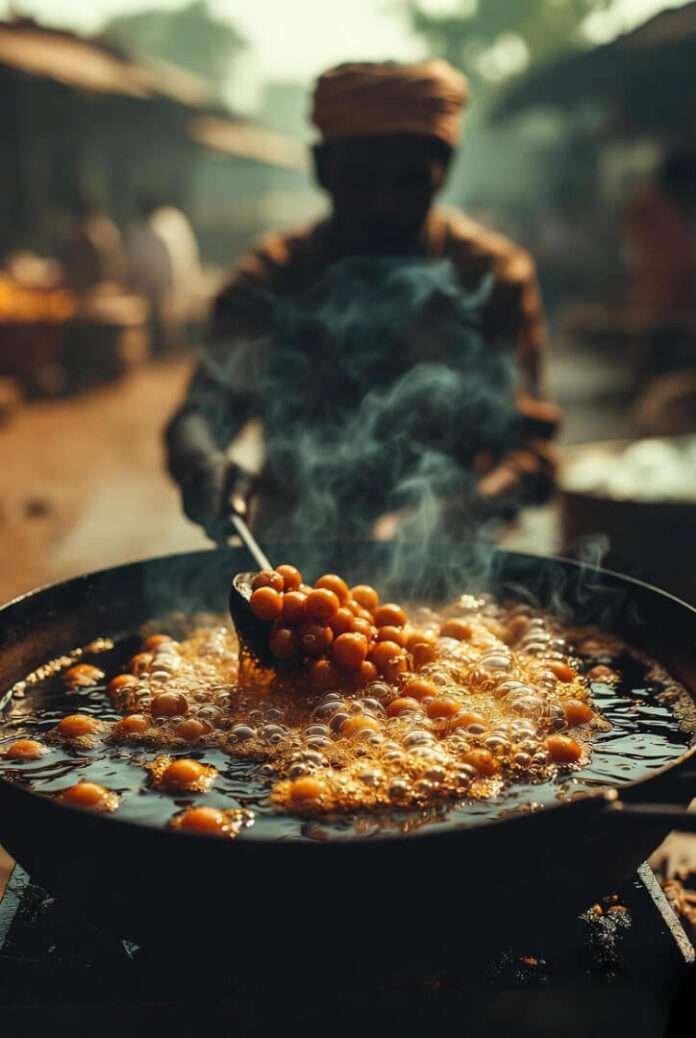 slightly vintage-filtered digital painting of a street vendor frying golden Punugulu in a deep black kadai. slightly vintage-filtered digital painting of a street vendor frying golden Punugulu in a deep black kadai.