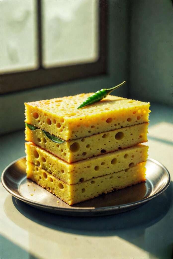 a layered Sandwich Dhokla stack on a small metal plate a layered Sandwich Dhokla stack on a small metal plate